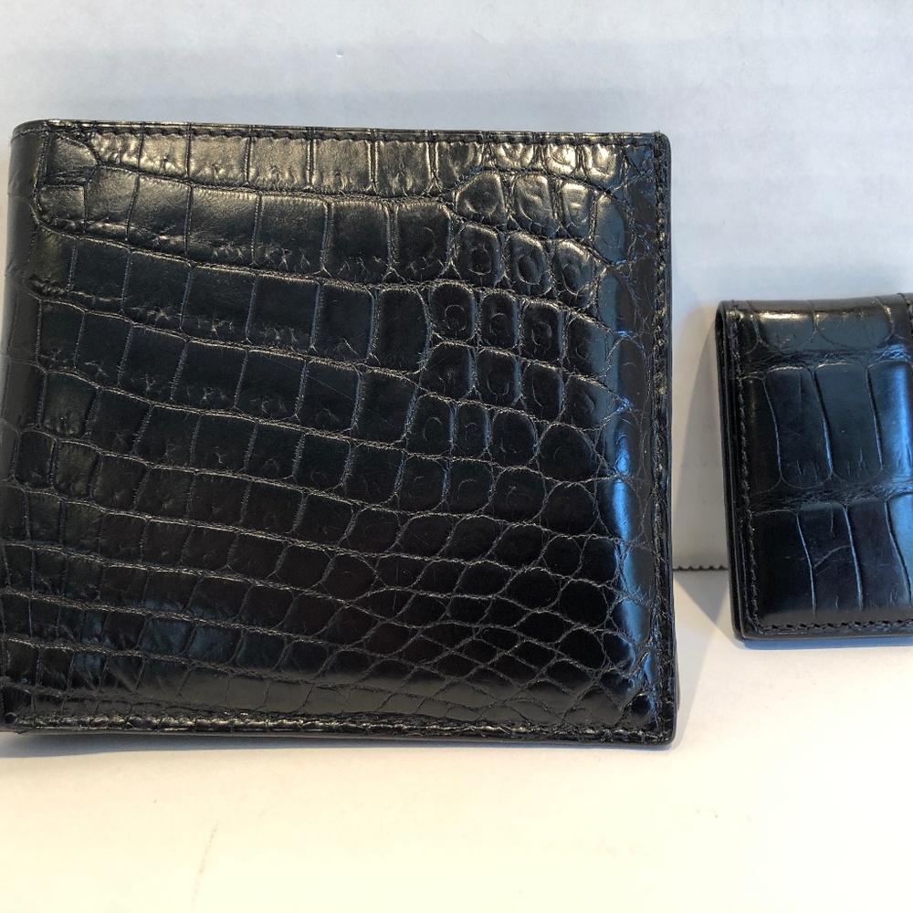 Ralph Lauren Luxury Alligator Billfold Wallet and Money Clip; both Black
